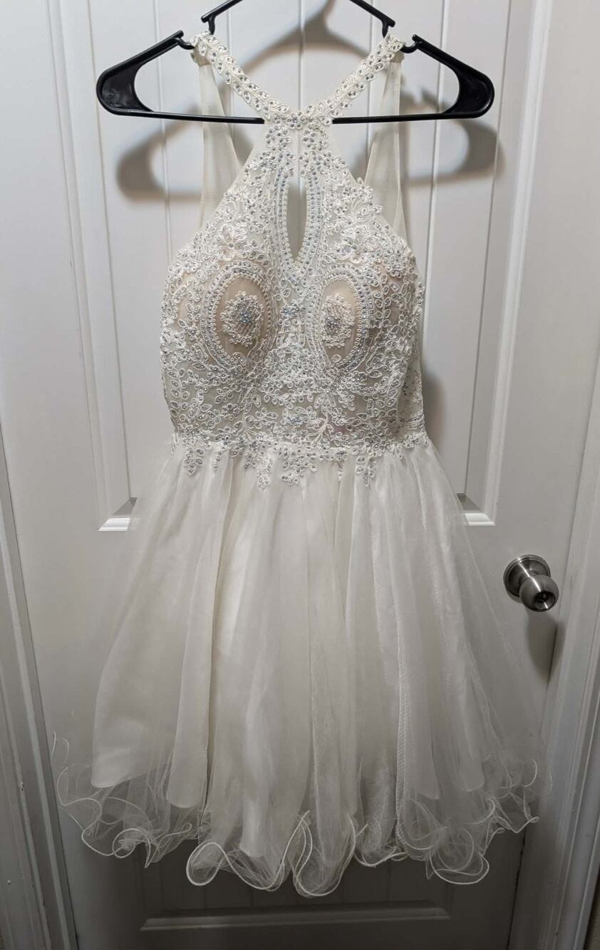 Dancing Queen Short Prom Hoco Formal Dress White Blue Iridescent Rhinestones M